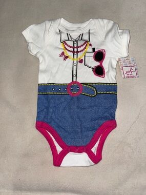 Swiggles White, Blue & Pink Graphic Denim-Look Baby One-Piece